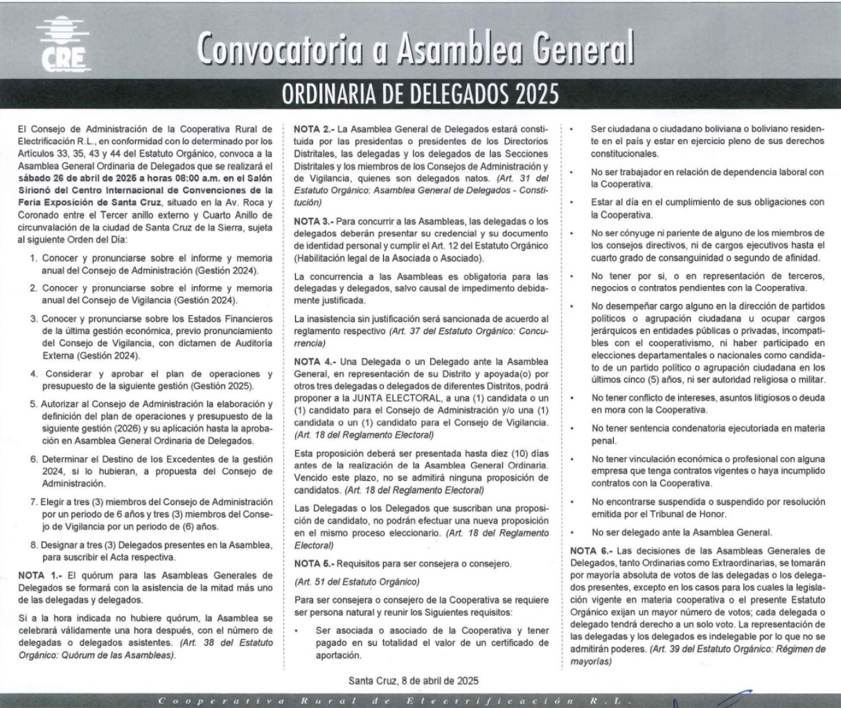 Lee más sobre el artículo CRE convoca a Asamblea General Ordinaria de Delegados 2025