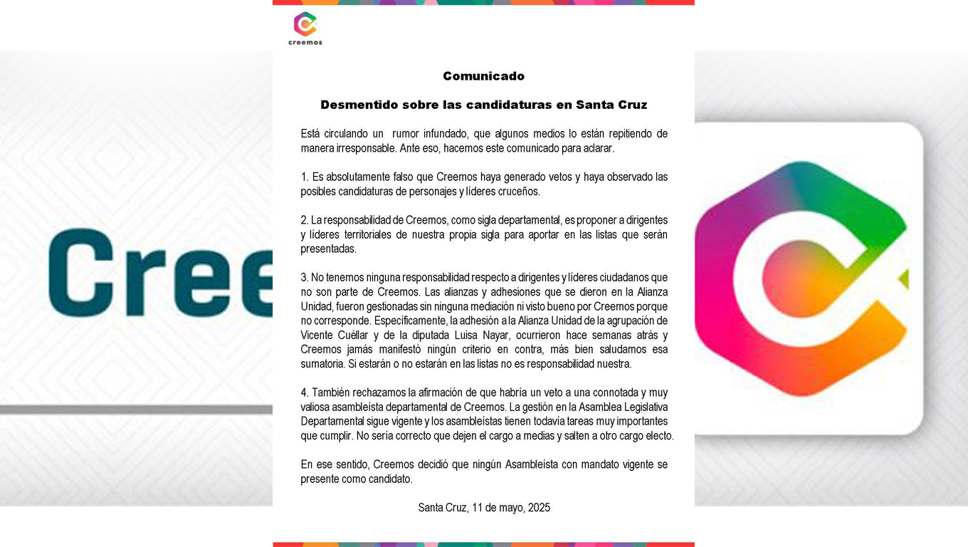 En este momento estás viendo Creemos Desmiente Rumores Infundados sobre Candidaturas en Santa Cruz