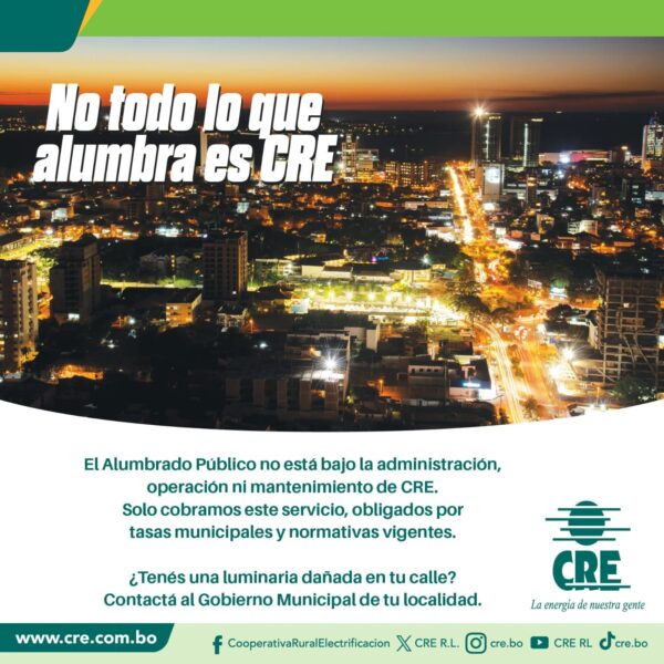 CRE aclara: El alumbrado público no es de su responsabilidad, solo cobra tasas municipales obligatorias
